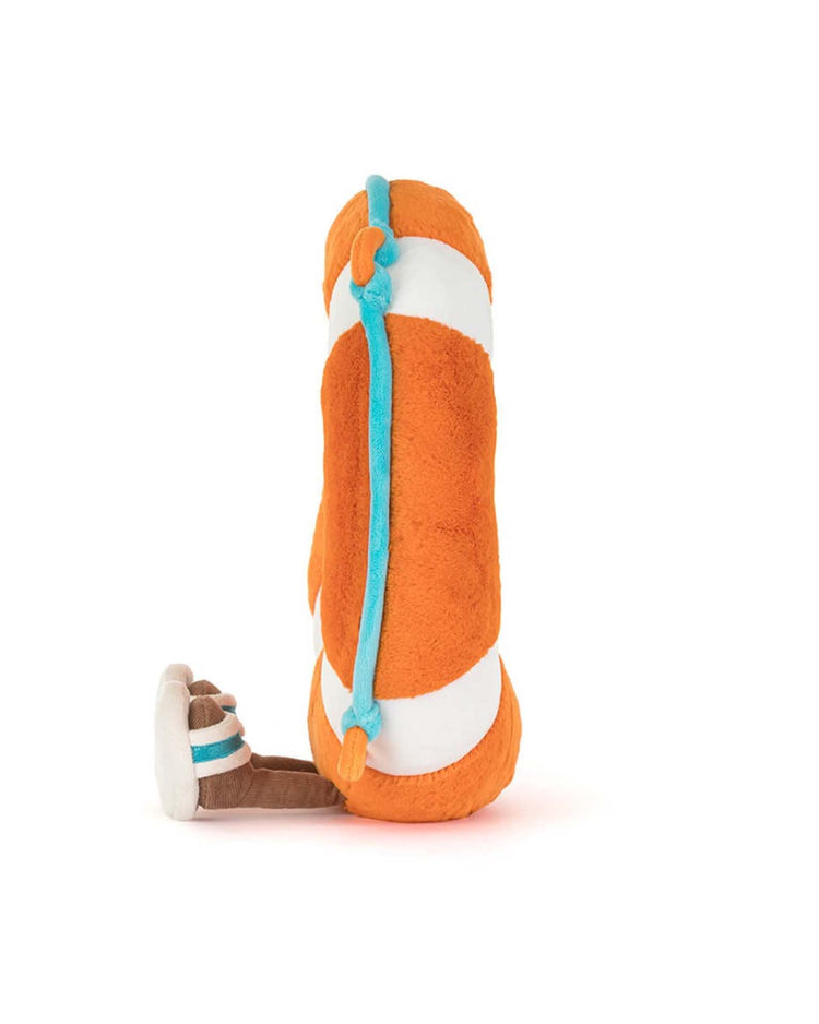 A Jellycat amuseables life ring plush sits upright beside a playful orange and white clownfish toy, both set against a plain white background.