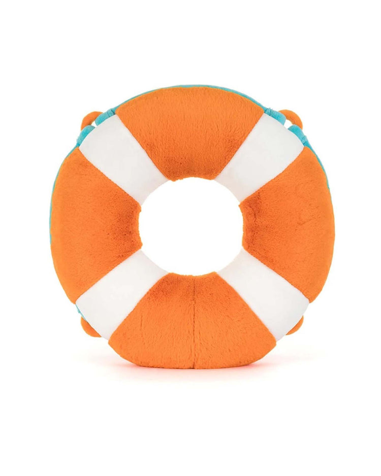 The jellycat amuseables life ring is a round, plush toy with alternating orange and white segments, displayed on a plain white background.