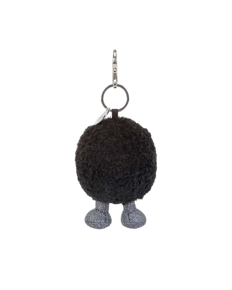 The Jellycat Amuseables Black Hole Bag Charm is a playful keychain featuring a round, fluffy black pom-pom with sparkly gray feet and a top keyring—an ideal physics-themed gift.