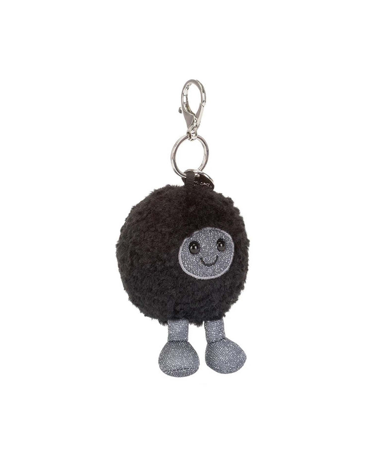 The Jellycat Amuseables Black Hole Bag Charm is a fluffy, round black plush keychain with a smiling silver face and legs, hanging from a metal keyring—perfect as a quirky physics gift or accessory.
