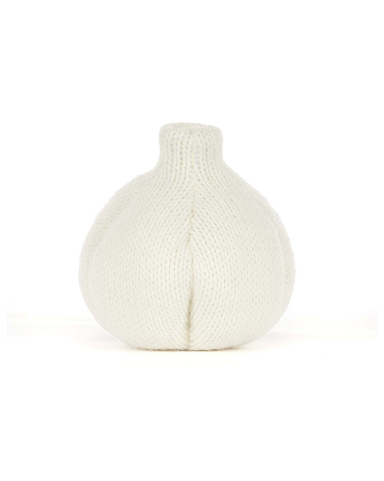 A whimsical, white knitted plush toy shaped like a garlic bulb with visible stitches and a rounded form, the Jellycat Amuseables Garlic is set against a plain white background—an adorable accent ideal for adding quirky charm to your Halloween party décor.