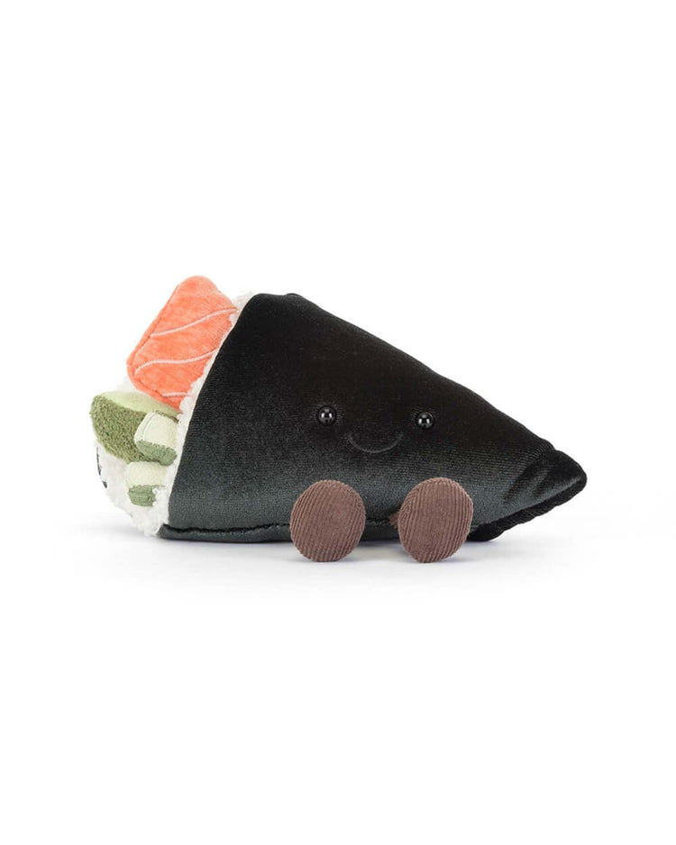 The Jellycat Amuseables Coneroi Temaki is a plush sushi roll with a black outer layer, colorful filling, brown feet, and a smiling face—perfect decor for party planner assistants or event coordinators.