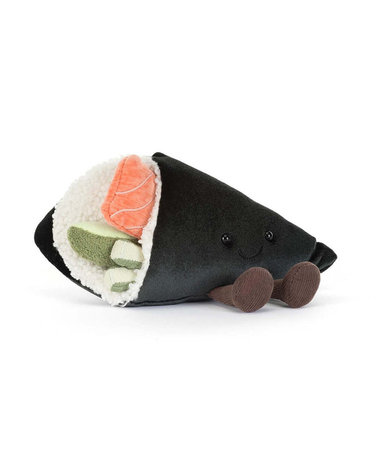 Jellycat’s Amuseables Coneroi Temaki is a sushi hand roll plush toy with a black seaweed wrap, white rice, salmon and cucumber details, plus a smiling face and corduroy-style legs—perfect for any party planning assistant!.