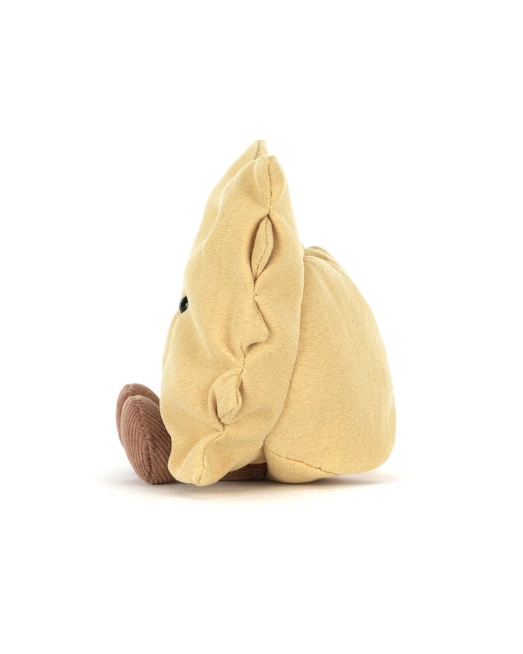 Side view of Jellycats Amuseables Farfalle, a beige and brown plush toy with small facial features and an adorable bow tie, sitting upright on a white background.