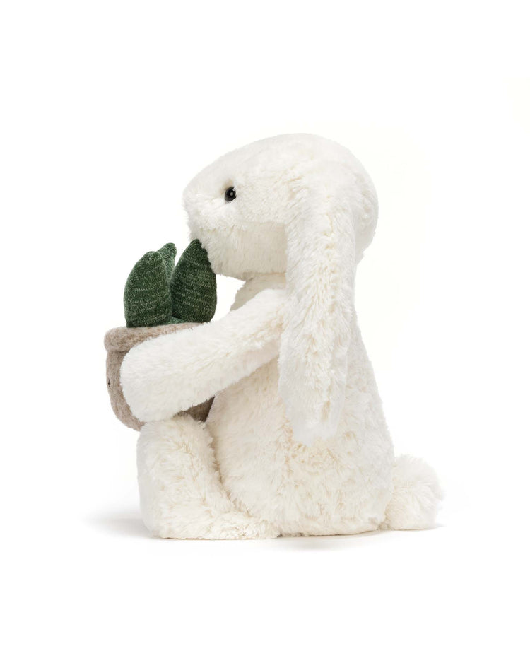 The jellycat cream bunny with plant sits upright, holding a small pot with two green cactus-like plants. With long floppy ears and black eyes, this plush makes a perfect plant gift.