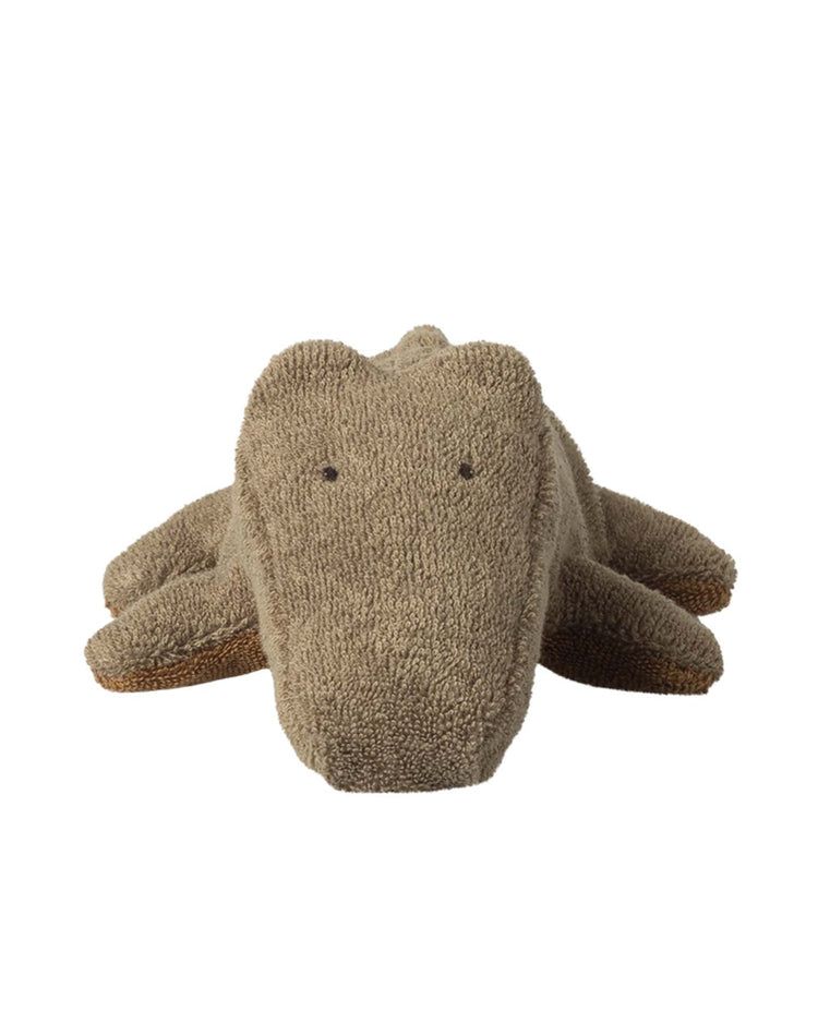 The mini crocodile in olive green from maileg’s Safari Friends features textured brown fabric, minimal facial details, and lies flat with its head forward on a plain white background—a charming addition to any soft toy collection.