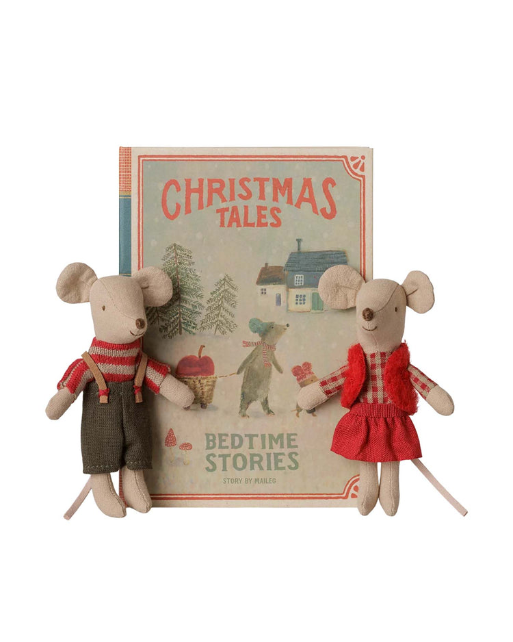 maileg christmas twin mice, little sister and brother in book play Little
