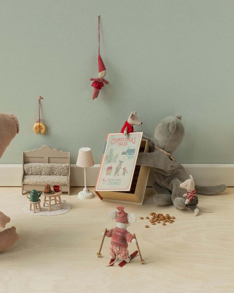 maileg christmas twin mice, little sister and brother in book play Little