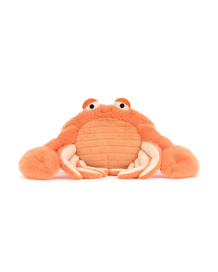 The jellycat pinchsnap crab, an orange plush toy with a soft textured belly, big cartoon eyes, and eight legs, sits on a white background—perfect for cuddling or adding charm to any pillow collection.