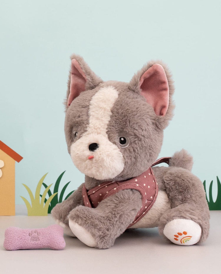 The dinkum dolls Dinkum Dog Gizmo, a plush recycled dog toy with a pink harness, sits beside a small purple magnetic bone. A cartoon house and grass appear in the background.