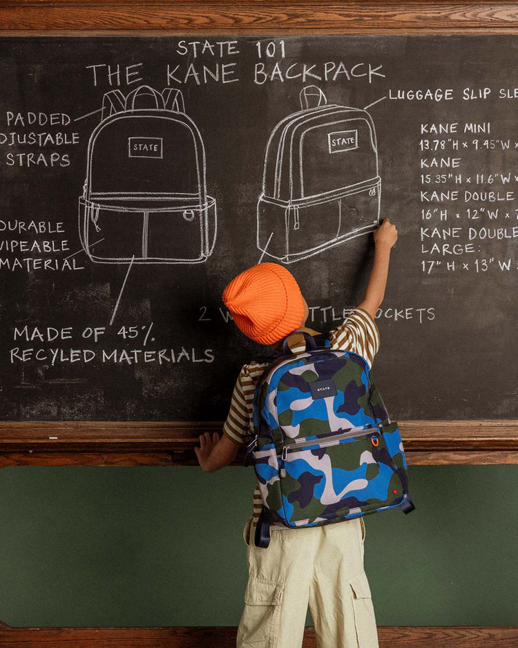 A child wearing a striped shirt, an orange beanie, and a Kane Backpack in Camo by State Bags draws a school backpack design on a chalkboard, with product details written around it and inspiration taken from the signature style of State Bags.