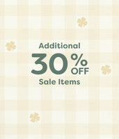 Promotional text for additional 30% off sale items on a light background with clover designs.