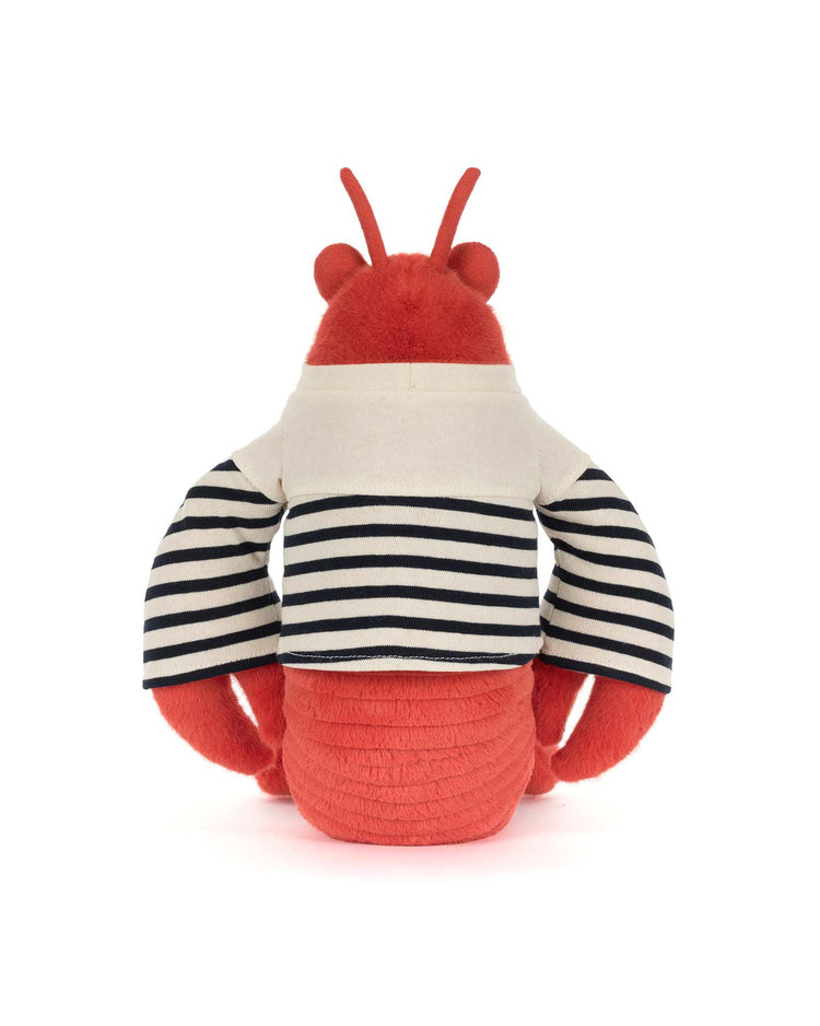 The Jellycat Larry Lobster Sailor Outfit plush toy features a red lobster in a white and navy striped long-sleeve shirt, shown from the back against a plain white background—a delightful nautical stuffed animal.