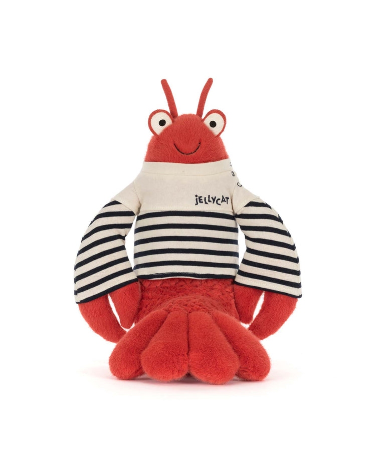 Larry Lobster Sailor Outfit by Jellycat is a plush red lobster wearing a white and black striped shirt, sitting upright against a white background—a charming nautical stuffed animal for all ages.