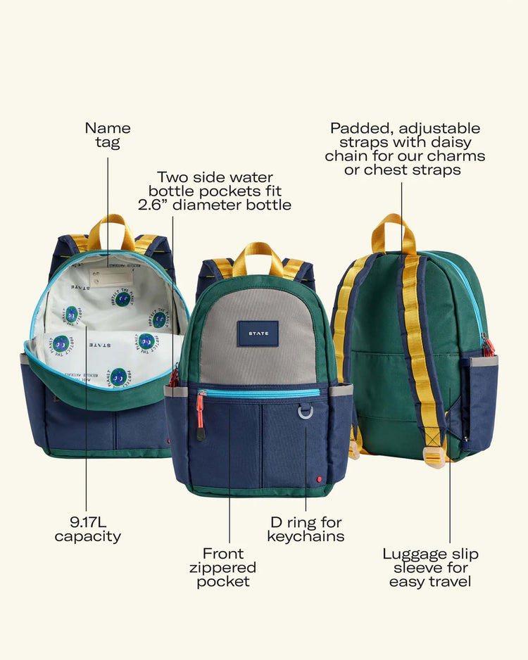 Three vibrant Kane Mini Backpacks in Navy from STATE Bags are displayed from multiple angles, showcasing practical features like side water bottle pockets, a name tag, padded straps, a front zippered pocket, D-ring for keychains, and a convenient luggage slip sleeve. Ideal as a toddler backpack or for little adventurers on the go, each design blends functional details with bold navy style.