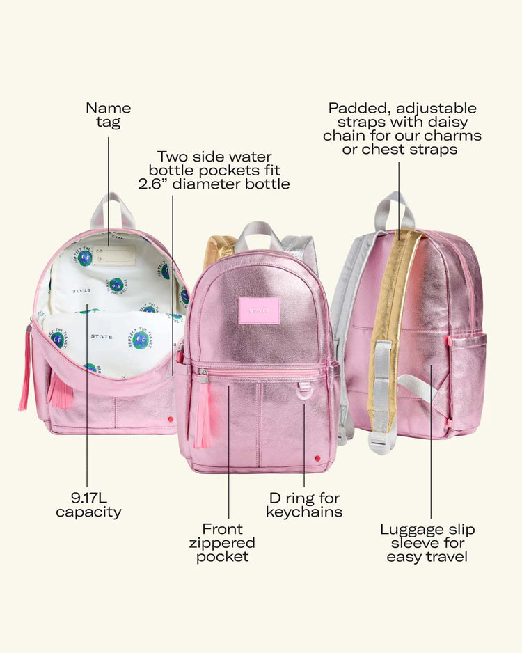 Three views of a State Bags Kane Mini Backpack in Rainbow Cloud with features labeled, including water bottle pockets, padded straps, name tag, luggage sleeve, front pocket, interior pattern, and keychain ring—perfect as a stylish kids backpack.