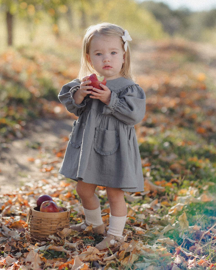 A young girl with light hair, wearing a white bow, socks, and brown shoes, stands on a leaf-covered path holding a red apple. She is dressed in the quincy mae marisol dress in slate, featuring organic cotton and a Peter Pan collar. At her feet sits a basket filled with apples, while trees and sunlight fill the background.
