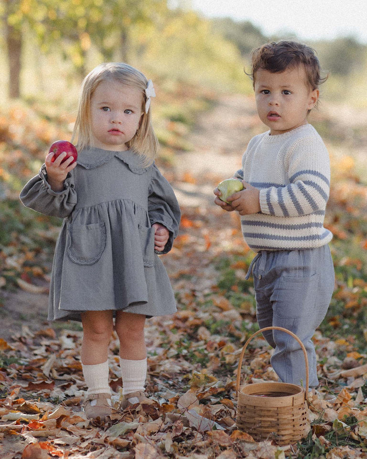 Two young children stand on a leaf-covered path holding apples. The girl wears the quincy mae marisol dress in slate, featuring a charming Peter Pan collar, while the boy wears a striped sweater and gray pants made from organic cotton. A small wicker basket sits on the ground beside them.