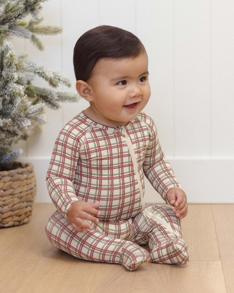 bamboo zip footie in redwood check