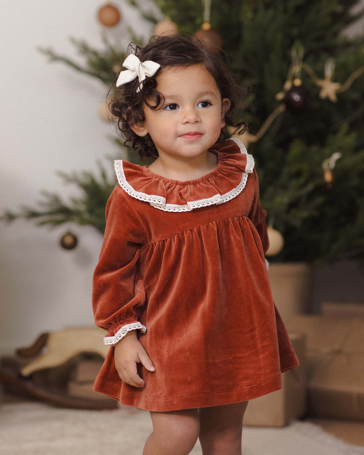 velour baby dress in redwood