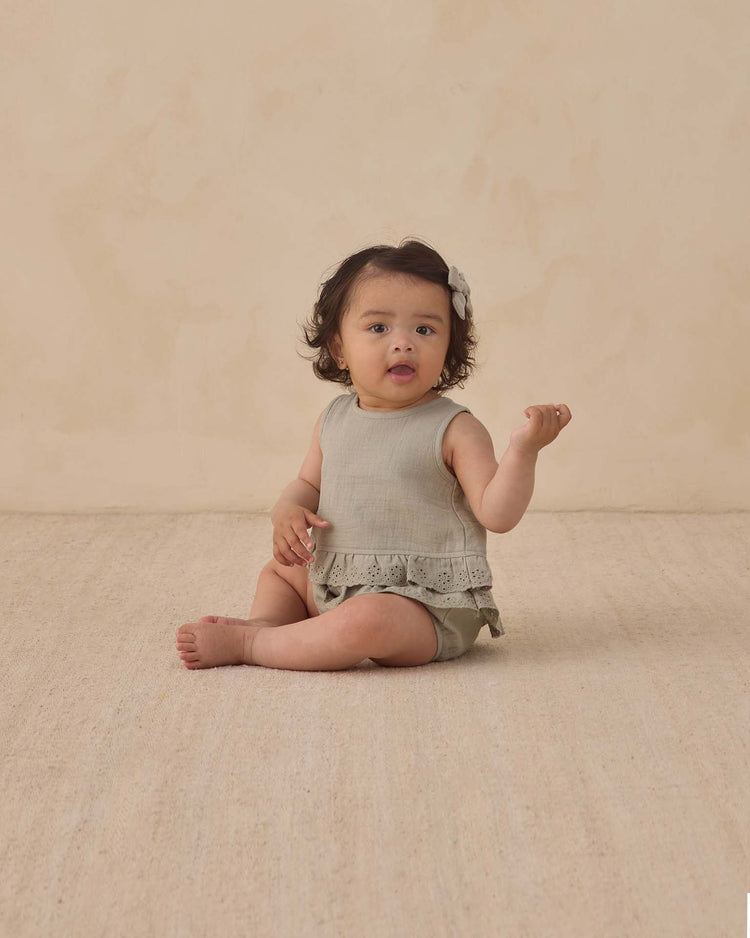 quincy mae ruffled tulip top + bloomer set in sage baby Little
