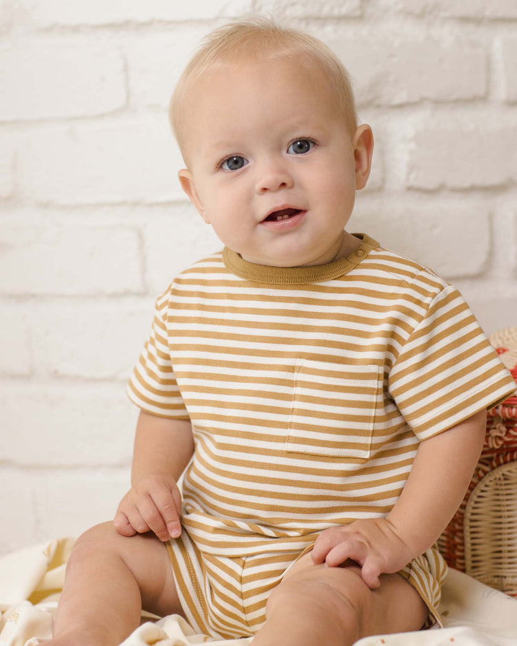 quincy mae boxy pocket tee + short set in honey stripe baby Little