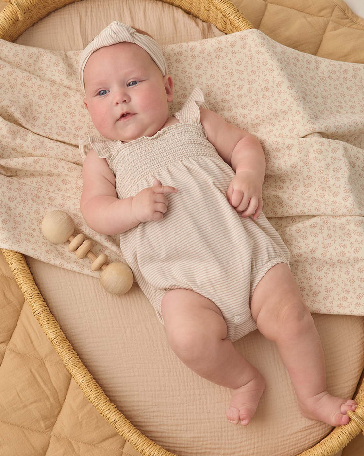 quincy mae smocked ruffle sleeve romper in oat micro stripe baby Little