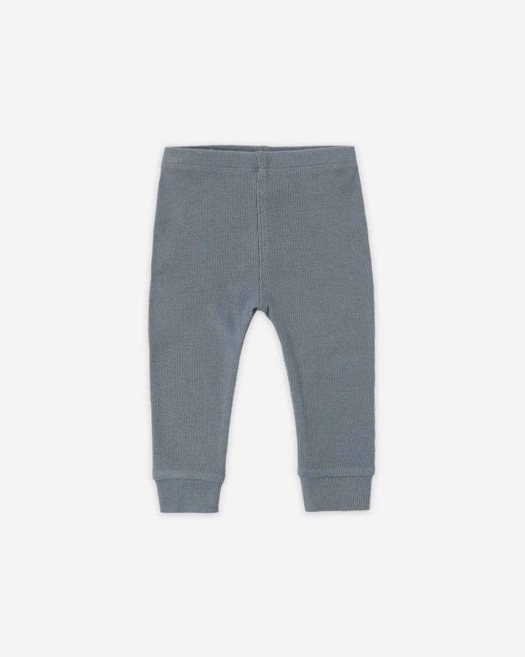 Quincy Mae ribbed legging in ocean, featuring an elastic waistband and cuffed ankles, crafted from soft organic cotton, displayed flat on a white background.