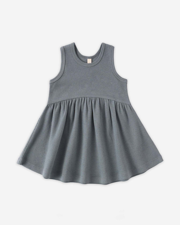 The quincy mae ribbed tank dress in ocean is a sleeveless organic cotton dress for toddlers, with a round neckline and flared skirt—shown on a plain white background. Pairs perfectly with matching bloomers.