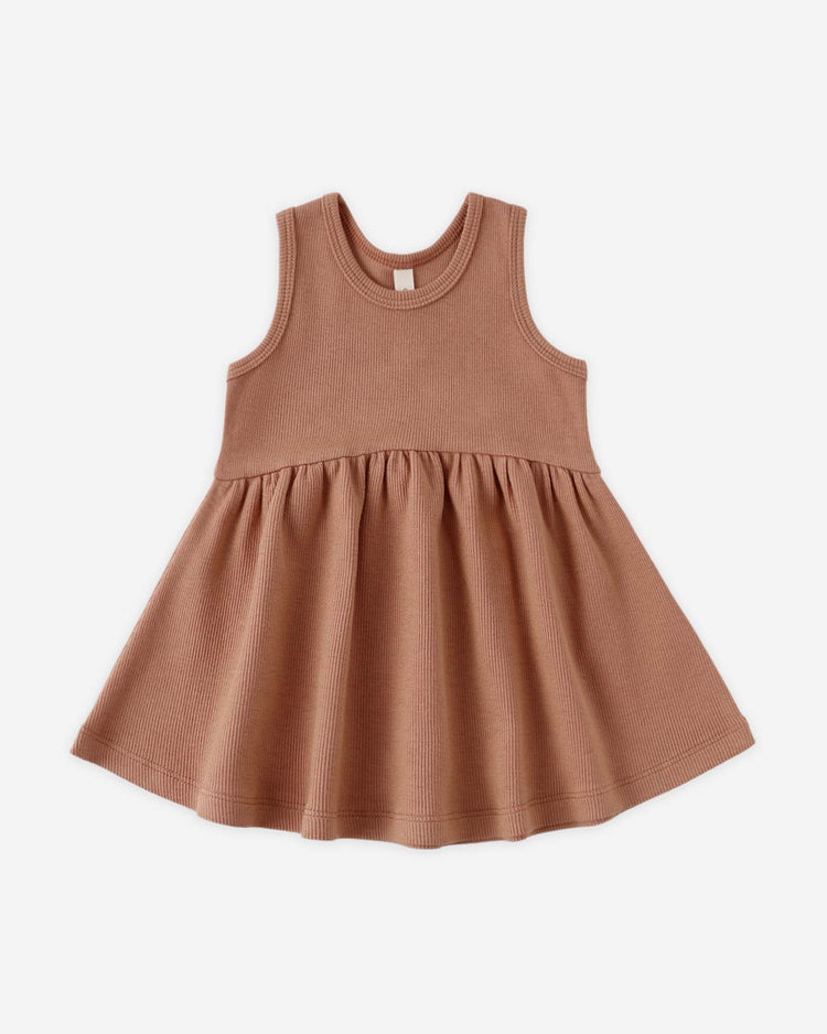The ribbed tank dress in poppy by quincy mae features a sleeveless design, round neckline, and flared gathered skirt, displayed on a white background.