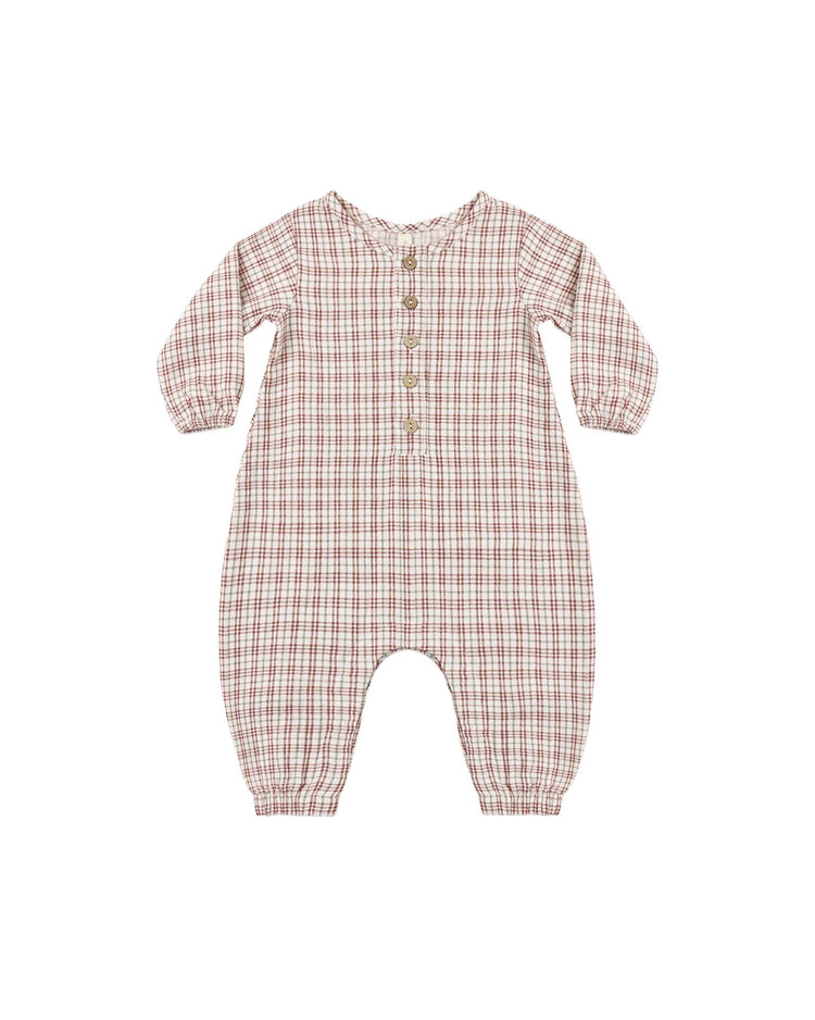 woven jumpsuit in christmas plaid