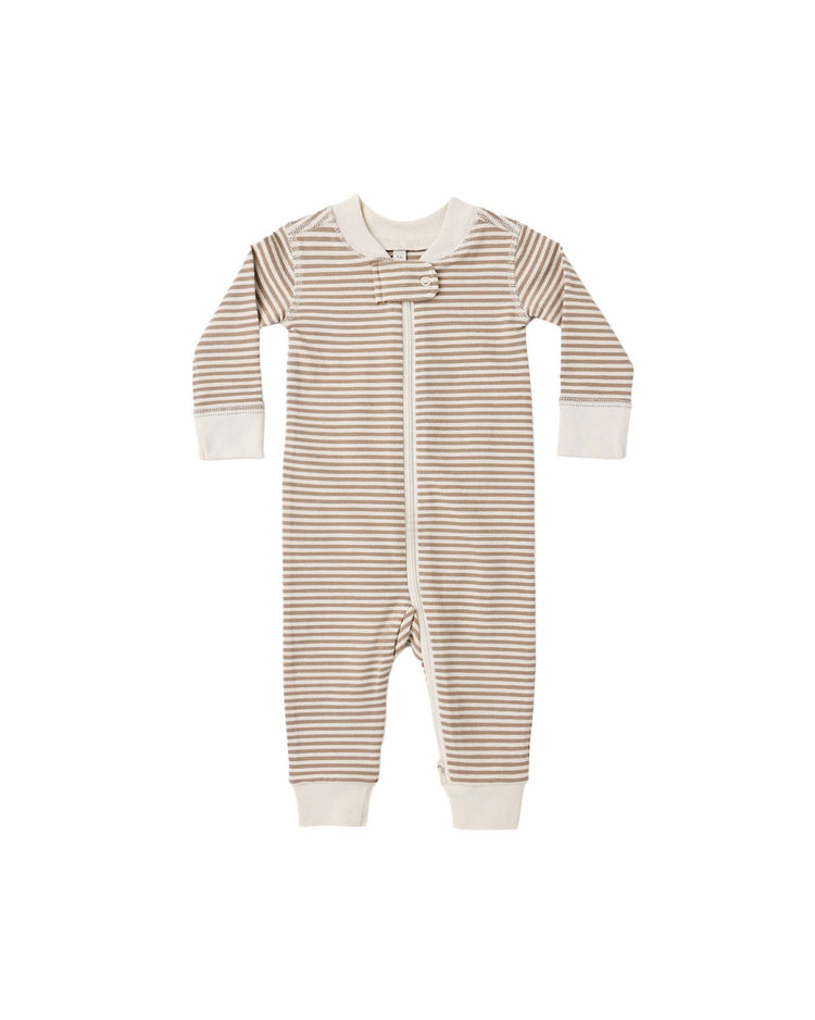 The Quincy Mae zip long sleeve sleeper in almond stripe is a cozy, organic cotton baby romper featuring beige and white horizontal stripes, soft white cuffs, and a convenient double zipper—perfect for your little one.