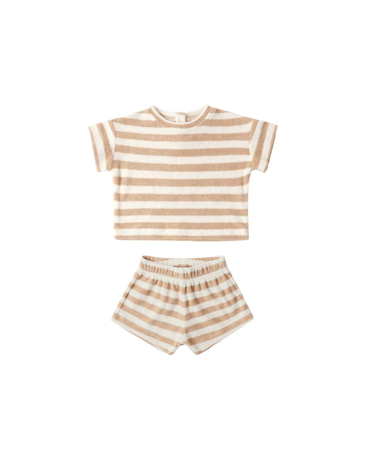quincy mae terry tee + short set in latte stripe baby Little