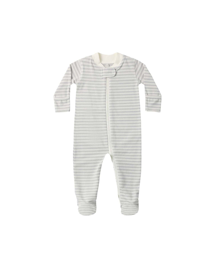 The zip long sleeve sleeper footie in cloud stripe by quincy mae features light gray and white horizontal stripes, a full-length front zipper closure with a protective fabric flap at the neck, and cozy long sleeves with footed bottoms—perfect for comfortable baby sleepwear. Photographed on a plain white background.