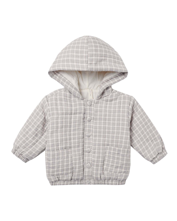 Introducing the quincy mae hooded woven jacket in blue gingham for babies, crafted from soft organic cotton with front buttons, two pockets, and elastic cuffs. This jacket features a gentle quilted texture and a cozy white inner lining.