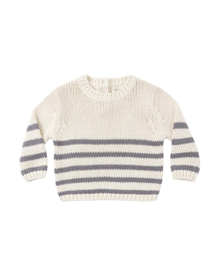 The rex sweater in slate stripe by quincy mae is crafted from cream-colored organic cotton and features horizontal slate stripes on the lower half and sleeves, a round neckline, and classic ribbed cuffs and hem for a timeless ribbed sweater look.