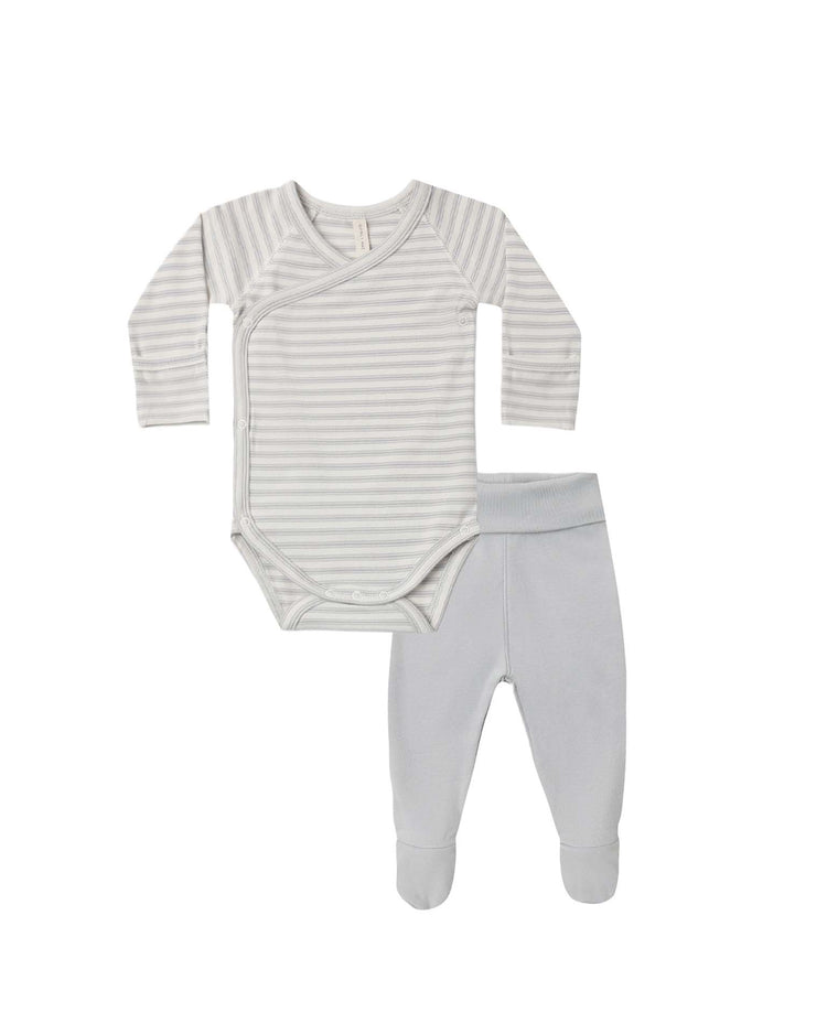 The quincy mae side snap bodysuit + pant set in cloud stripe features an organic cotton baby outfit, including a long-sleeve gray and white striped newborn bodysuit and matching light gray footed pants, both displayed flat on a white background.