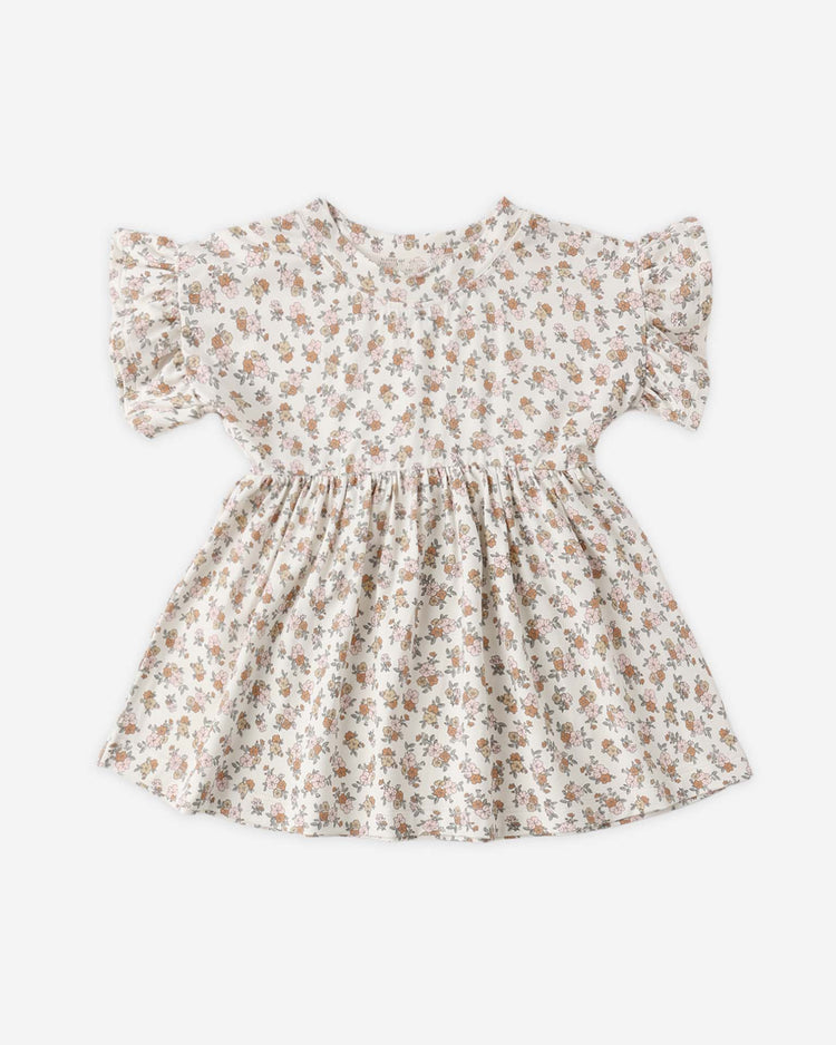 The quincy mae bamboo babydoll dress in wildflower features short ruffle sleeves, a gathered waist, and a soft pastel floral print on a white background.