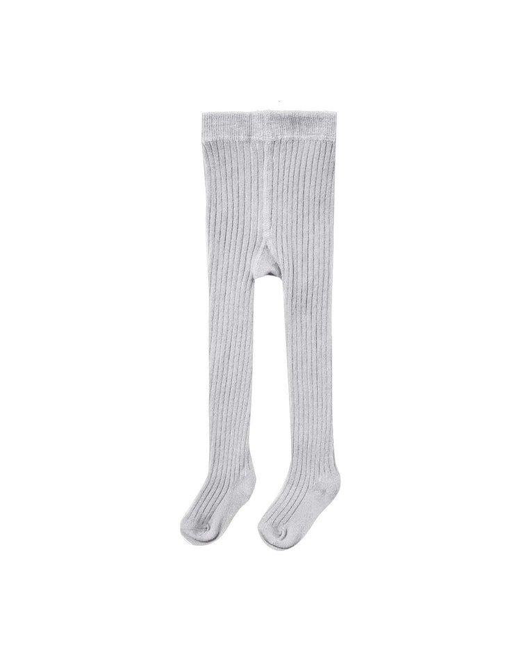 A pair of "tights in cloud" by quincy mae, rib knit footed tights for children in light gray, crafted from soft fabric and displayed flat against a white background.