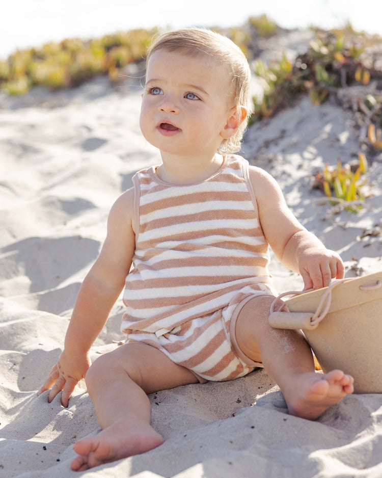 quincy mae terry tank + short set in latte stripe baby Little