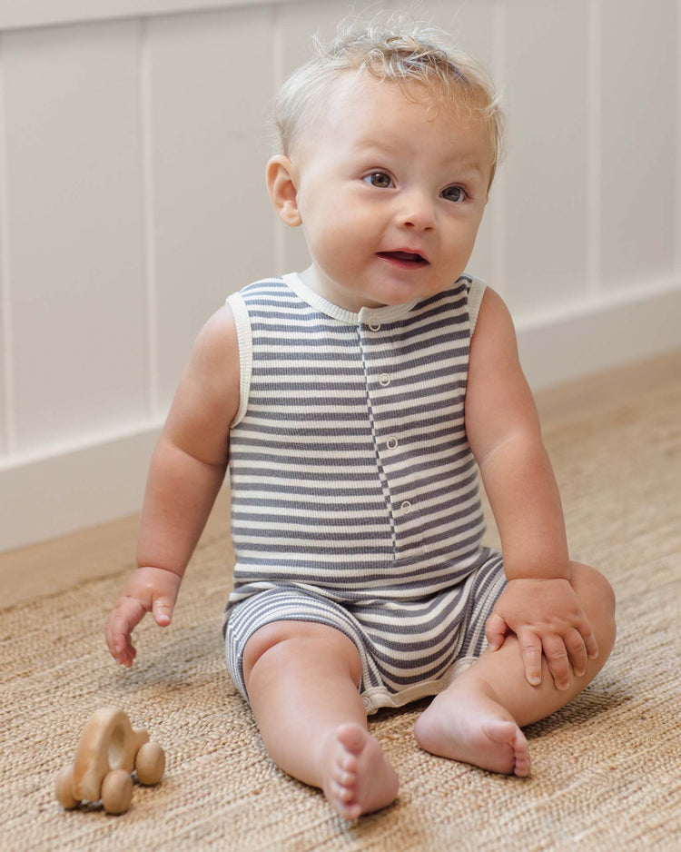 quincy mae ribbed henley romper in ocean stripe baby Little