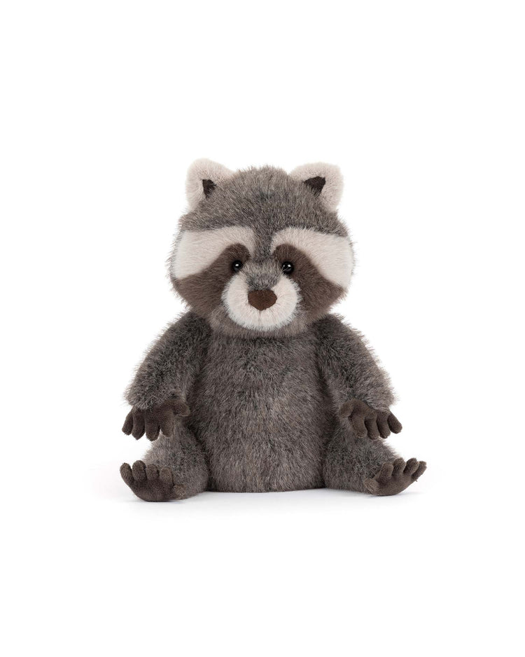 A Jellycat trixiwoo raccoon plush toy with soft grey and white fur, dark eyes, and a brown nose sits upright against a plain white background.