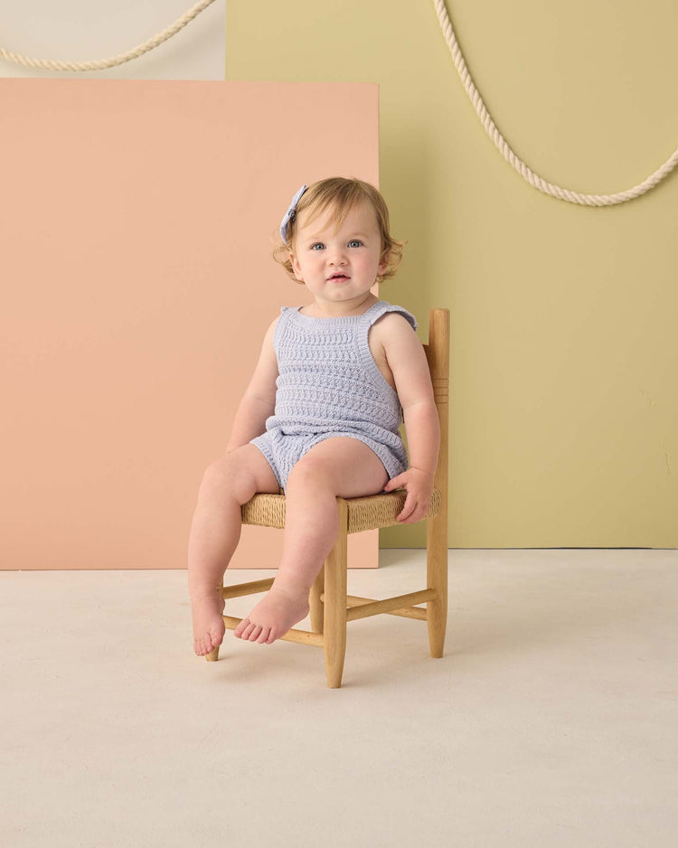 rylee + cru crochet romper in periwinkle baby Little
