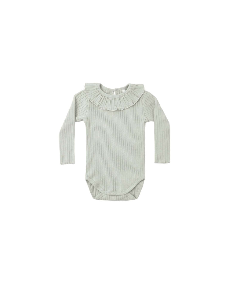 Sage green, long-sleeve knit PREORDER ruffle collar bodysuit by rylee + cru, featuring a ribbed texture and sweet ruffle collar, displayed on a plain white background—an adorable addition to your baby’s clothing collection.