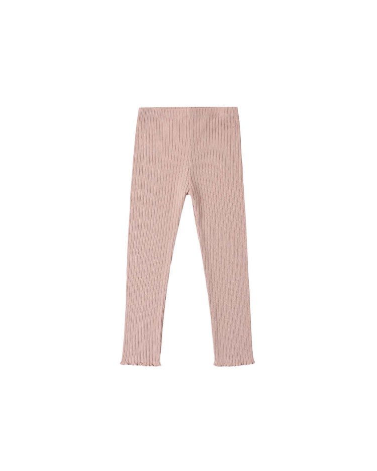 The rylee + cru legging in rosewood is a light pink ribbed knit style made from a soft cotton elastane blend, featuring an elastic waistband and slightly flared, ruffled hems, displayed flat on a white background.