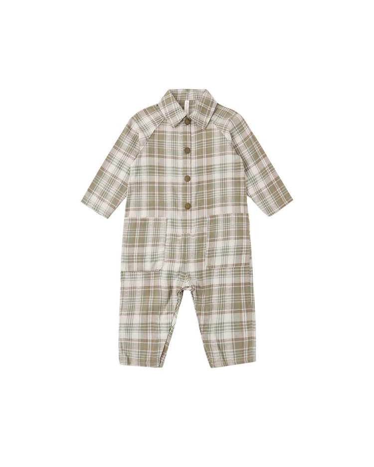collared baby jumpsuit in olive dobby plaid