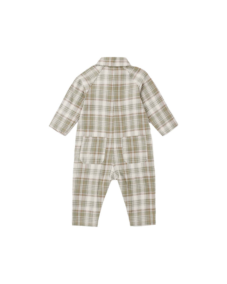 collared baby jumpsuit in olive dobby plaid