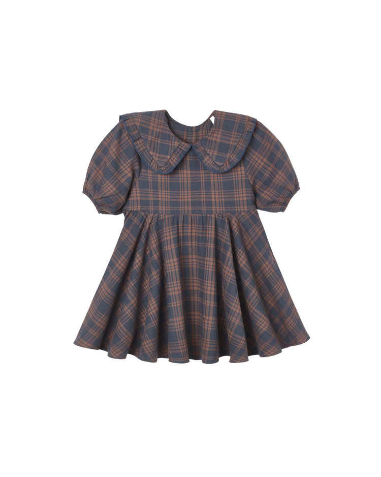 The camille dress in midnight plaid by rylee + cru is a short-sleeved mini dress crafted from 100% cotton, featuring a navy blue and brown plaid pattern, a wide Peter Pan collar, and a flared skirt, shown against a white background.