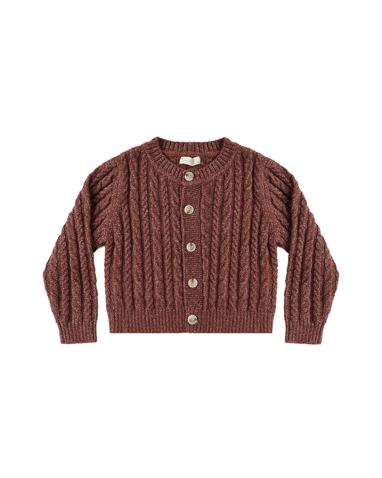 A mulberry, long-sleeve, cable-knit cheyenne cardigan in mulberry by rylee + cru features ribbed cuffs and hem and five marble buttons down the front, laid flat on a white background—a truly cozy layer for any wardrobe.