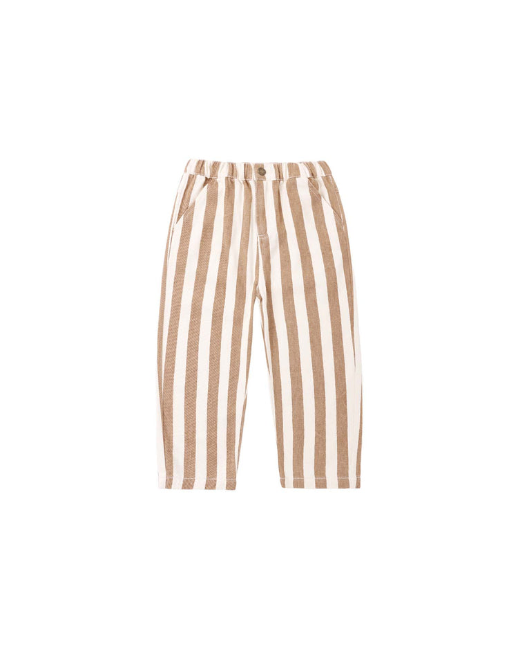 The “baggy pant in fawn pinstripe” by rylee + cru features beige and white vertical stripes, an elastic waistband, button closure, and side pockets, shown against a plain white background.